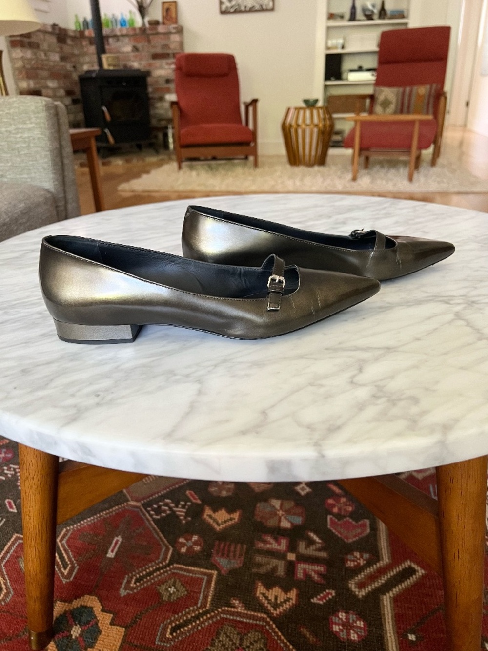 Max Mara Pewter Leather Pointed Toe Mary Jane Flats EU 39.5 - Picture 5 of 9